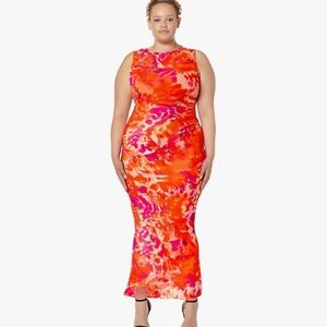 Elegant Sleeveless Orange and Pink Midi Dress